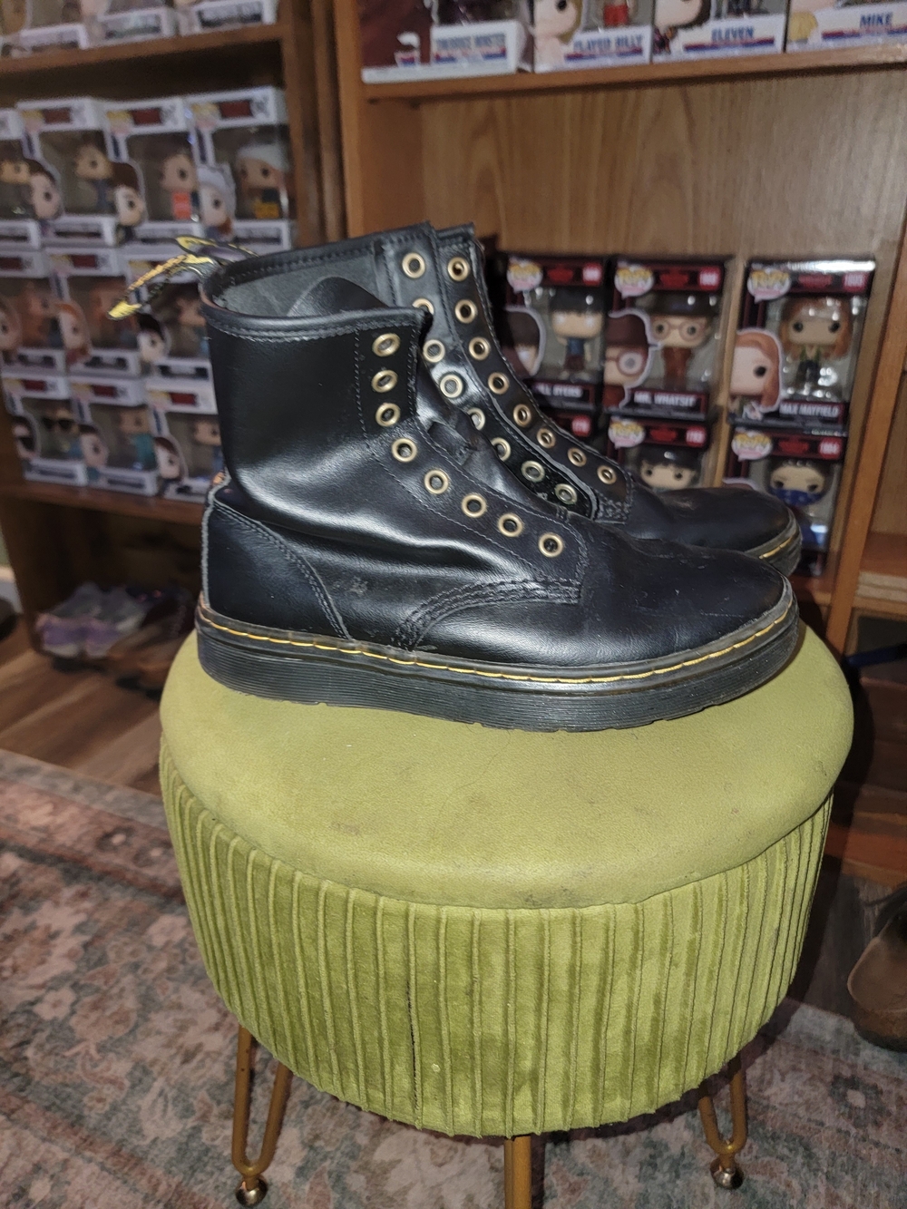 Airwalk Black Leather Lace-Up Platform Boots with Yellow Stitching